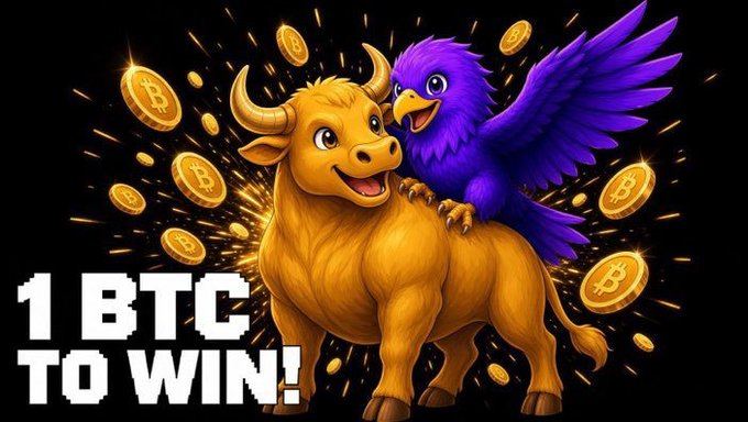 A colorful illustration of a golden bull and a purple eagle surrounded by Bitcoin coins with the text '1 BTC TO WIN!' displayed in the corner.