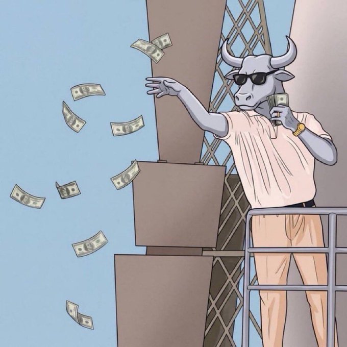 A cartoon bull wearing sunglasses, a white t-shirt, and a gold watch stands on a balcony tossing dollar bills into the air while holding a stack of cash. The image illustrates the "$2,000 Giveaway (10 Winners, $200 each)" promotion tied to the @fluffycrypt account, visually representing the free-flowing money participants could win by retweeting, following, and dropping their $SOL address.