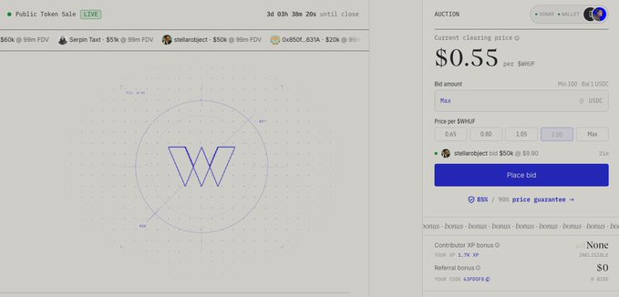 A screenshot of a Public Token Sale auction interface showing a clearing price of $0.55 per $WHF with a bid history from stellarobject.