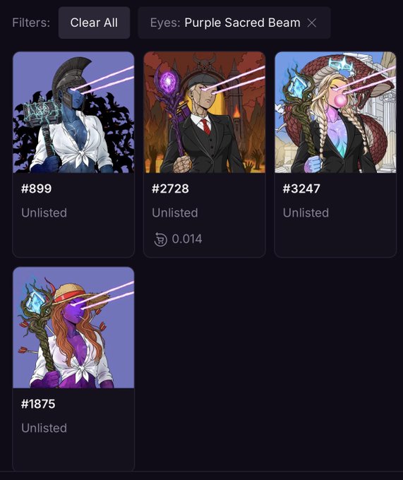 An NFT marketplace interface filtered for 'Eyes: Purple Sacred Beam' showing four unlisted digital art pieces (#899, #2728, #3247, #1875) priced in ETH.