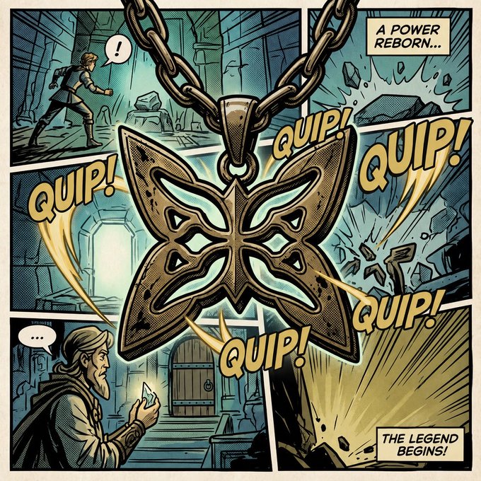 A comic book style panel showing a large ornate cross-shaped pendant on a chain with 'QUIP!' sound effects, scenes of characters reacting with surprise, and text boxes reading 'A POWER REBORN...' and 'THE LEGEND BEGINS!'.