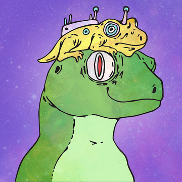 A cartoon illustration of a green gecko with a large red eye, wearing a small yellow alien-like creature with antennae on its head, set against a purple starry space background—representing the @GalacticGeckoSG NFT collection referenced in the shopping post.