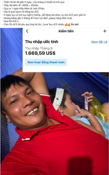 A man in a red shirt smiles in a selfie video next to a child, overlaid with Vietnamese text and a screenshot showing estimated earnings of '1,669,59 US$' for August.