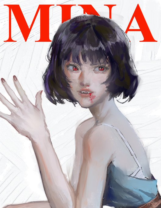The image shows a vampire with red eyes and fangs, with the word "MINA" prominently displayed above her, relating to the post's theme of "dropping another Mina."