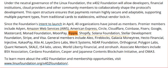 The image shows a press release about the x402 Foundation under the Linux Foundation, with "Ripple" highlighted in orange among the list of 40 Premier and General member organizations. The accompanying post confirms Ripple's role as a Premier member alongside AWS, Visa, Mastercard, Stripe, Coinbase, and Google in building payment rails for AI agents with support for XRP and RLUSD.