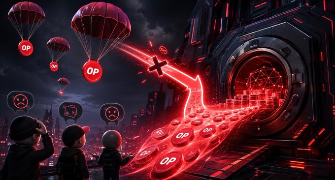 A stylized digital artwork depicting a sci-fi scene with figures watching red parachutes and streams of 'OP' tokens flowing into a futuristic vault.