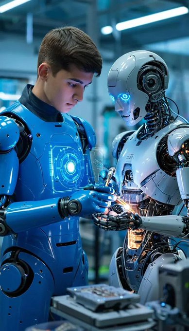 A young man in a blue robotic exosuit working alongside a humanoid robot in a futuristic lab setting.
