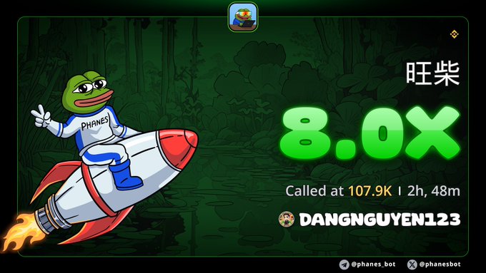 A promotional graphic featuring Pepe the Frog riding a rocket with the text '8.0X Called at 107.9K | 2h, 48m' and the username 'DANGNGUYEN123' alongside the Phanes bot logo.