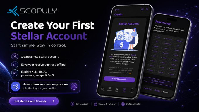 A Scopoly advertisement for creating a Stellar Account, featuring mobile app screenshots and highlighting self-custody and security features.
