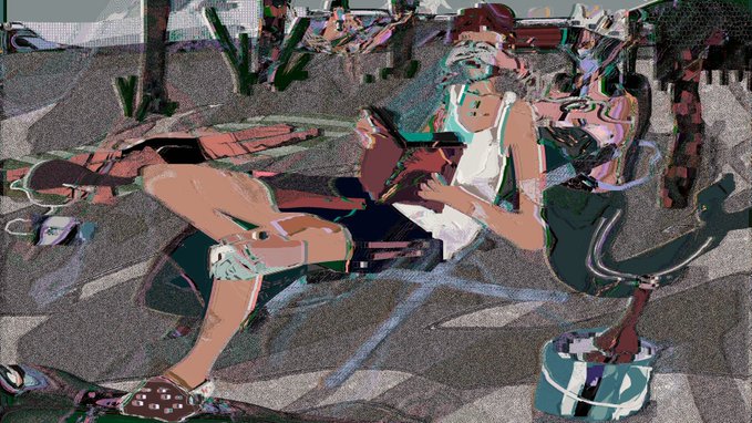 A distorted, glitch-art style image of a person in a white top and patterned shorts lounging outdoors, rendered with fragmented color blocks and visual artifacts.