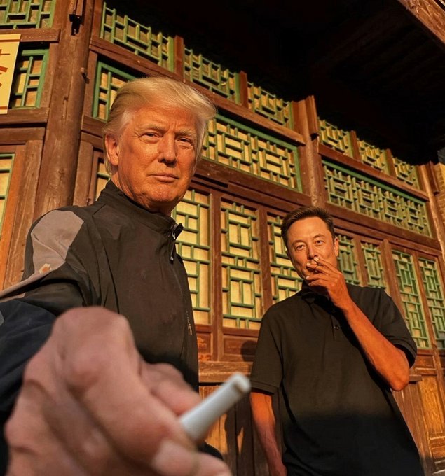 A man with blonde hair holds what looks like a MacBook in the foreground, while another man in a dark shirt stands behind him, in front of a traditional wooden building with green window frames.