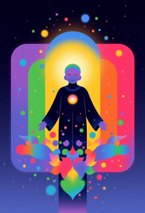 A vibrant digital illustration of a meditating figure with closed eyes in dark robes, surrounded by a rainbow arch, colorful glowing orbs, and a multicolored lotus flower at the base against a dark starry background.