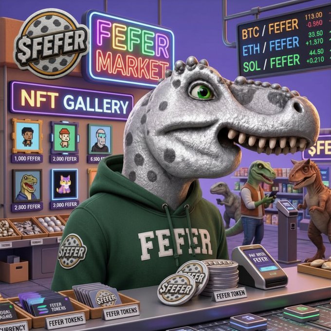 A green-eyed dinosaur mascot wearing a "FEFER" hoodie stands at a vibrant crypto market counter displaying "$FEFER MARKET" signage, NFT gallery listings (1,000–6,500 FEFER), and a live price board pairing BTC, ETH, and SOL against FEFER (113.00, 39.50, 44.50). The post's claim of "$FEFER is unstoppable" plays on the meme-driven, alpha-loaded setup of the image, using the T-Rex "FE-FE-R" branding to project momentum and FOMO to anyone still on the sidelines.