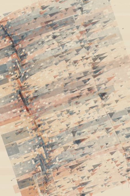 The image features an abstract geometric artwork composed of fragmented triangular and rectangular shapes in muted tones of peach, blue-gray, cream, and rust, arranged in a dense, layered pattern with a soft, textured background that gives the composition a digital, glitch-like aesthetic. The accompanying giveaway post for @ImprintRH relates to the artwork as a promotional NFT mint, with this abstract visual likely serving as a preview or representation of the digital collectible being offered, while the post itself outlines the entry rules, mint details, and prize pool for participants.