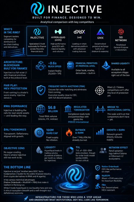 An Injective (INJ) blockchain infographic comparing it to competitors like Hyperliquid, dYdX, GMX, and Sei Network, highlighting features like architecture, fair play, RWA dominance, and tokenomics.