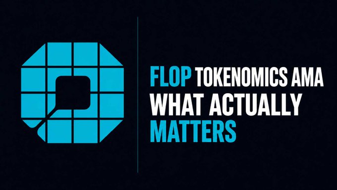 A graphic with a dark background features a blue octagonal grid logo alongside the text "FLOP TOKENOMICS AMA: WHAT ACTUALLY MATTERS." The image serves as a header for a post summarizing key takeaways from the Flop Labs AMA, including details about testnet activity and airdrops for Technocore users and DID owners.