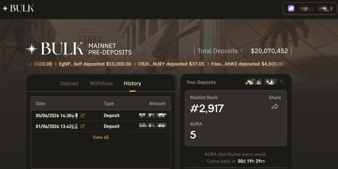 The image shows a screenshot of a website called "Bulk", which appears to be related to investing or trading in cryptocurrency, as indicated by the text displayed at the top of the screen. The main focus of the image is a table that displays information about the user's account and transactions on this platform.