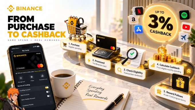 A Binance promotional graphic advertising "FROM PURCHASE TO CASHBACK" and "UP TO 3% CASHBACK," showing a phone displaying the app interface alongside illustrations of a credit card, shopping cart, and cash rewards.