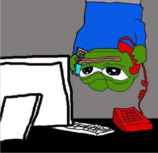 A cartoon image of Sad Pepe the Frog wearing a blue shirt and red headphones, holding a phone card while sitting upside down at a computer.
