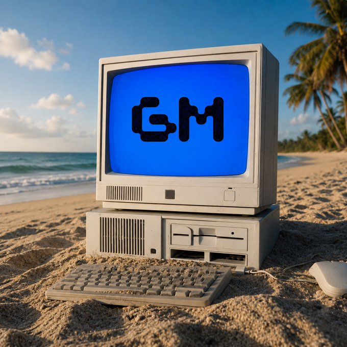 A vintage CRT computer monitor and keyboard sit on a sandy beach with palm trees and the ocean in the background, displaying a blue screen with the letters 'GM'.