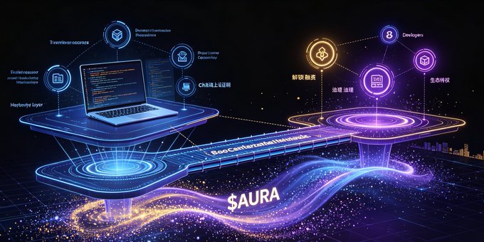 A vibrant digital illustration features a central laptop displaying code, flanked by glowing nodes labeled "Developers," "Developers," "Dev Repositories," and "Track Record," all interconnected by luminous pathways highlighting the "$AURA" token at the base—visually reinforcing the post's message about Nucleus Codes building a decentralized reputation layer that rewards crypto developers' on-chain contributions with AURA incentives.