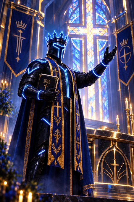 A futuristic cyber-knight in blue and gold royal robes holds a 'Holy Bible' in a stained-glass cathedral, with neon blue lights tracing his armor and a glowing cross behind him.