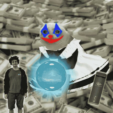 A grinning clown-cat labeled "Cashcat" floats above piles of cash while holding a glowing blue crystal ball, next to a cutout of a smiling young man—visually capturing the meme coin's $58.3M market cap and resilient, playful spirit despite a rough launchpad debut.