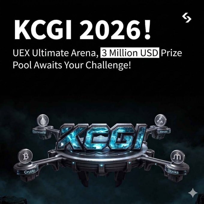A promotional graphic for KCGI 2026 (UEX Ultimate Arena) advertising a 3 Million USD prize pool, featuring a futuristic arena with categories for Commodities, Metals, Crypto, and Stocks.