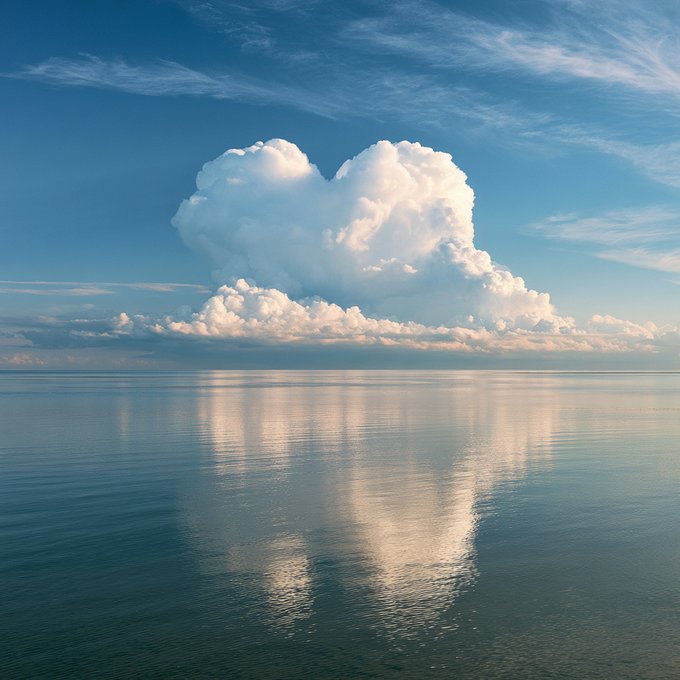 A heart-shaped cumulus cloud reflected on the calm surface of the ocean beneath a blue sky.