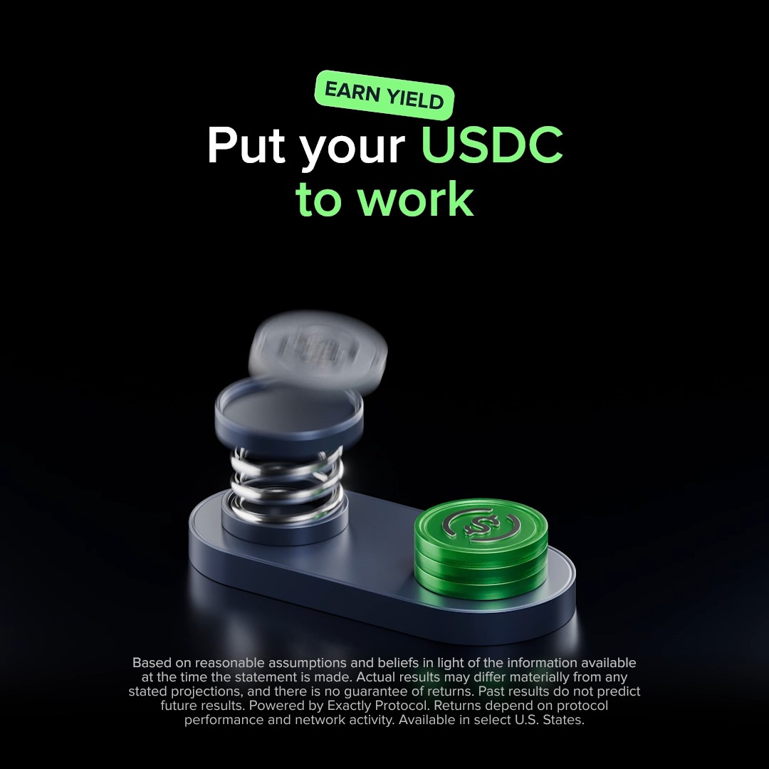 The image features an advertisement for a cryptocurrency exchange, promoting the idea of earning yield from USDC (United States Dollar Coin). The text in the image encourages users to put their USDC into active trading and earn a return on investment through on-chain lending or lending to others. The background is black, which contrasts with the green coin that sits atop a blue platform.