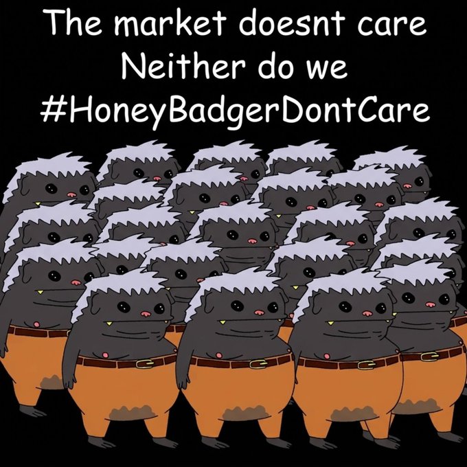 A cartoon illustration of numerous honey badgers wearing orange pants with belts, captioned 'The market doesnt care, Neither do we, #HoneyBadgerDontCare' on a black background.