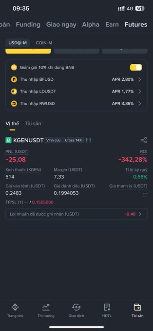 A mobile cryptocurrency trading app interface (in Vietnamese) showing a USDⓈ-M position on KGENUSDT with a PNL of -25.08 USDT and ROI of -342.28%, along with funding rates for BFUSD, LDUSDT, and RWUSD.