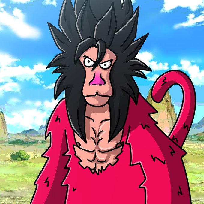 An anime character with wild black hair, a pink nose, a red torn jacket, and a long curly tail, set against a landscape background.