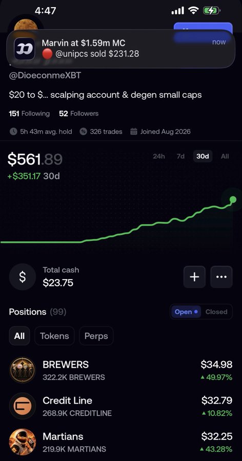 A crypto trading portfolio screenshot shows user @DioeconmeXBT's $561.89 account value (+$351.17 over 30d), with top positions in BREWERS (+49.97%), Credit Line (+10.82%), and Martians (+43.28%), supporting the celebratory "Niceeee" caption about profitable gains.