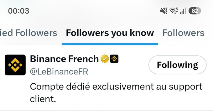 A screenshot from X (formerly Twitter) showing the "Followers you know" tab, displaying that the account is following the verified Binance French account (@LeBinanceFR), which is described as a dedicated customer support account. The post celebrates this connection as a potential bullish signal for $KAS (Kaspa), implying that Binance's official support team following the poster could indicate Binance's interest or positive sentiment toward the Kaspa cryptocurrency.