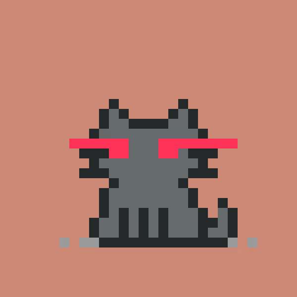 A minimalist pixel art illustration of a dark gray cat with bright red eyes sitting against a solid coral background.