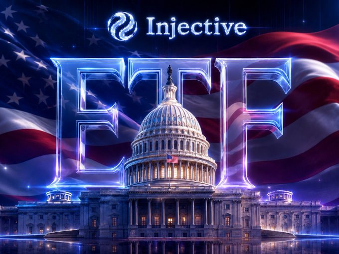 The image shows the U.S. Capitol building set against a stylized American flag backdrop, with glowing neon text reading "INJETF" and the "Injective" logo above. The composition visually represents the post's premise that $INJ could become the first staked altcoin ETF in the US, blending crypto branding with iconic American governmental imagery to emphasize the regulatory and institutional significance of such an approval.
