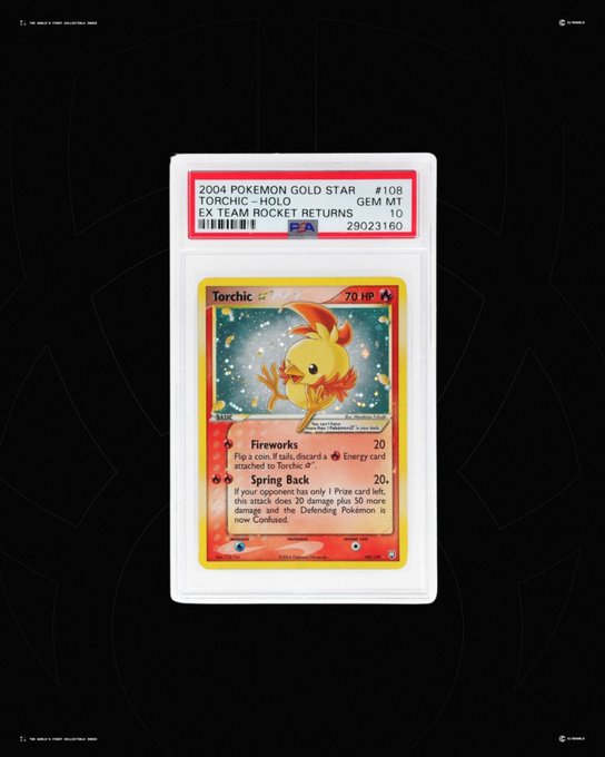 A PSA-graded 2004 Pokemon Gold Star Torchic-Holo card (#108) in Gem Mint 10 condition, featuring the Fire-type starter Pokemon with 70 HP and moves 'Fireworks' and 'Spring Back'.