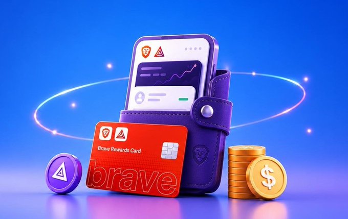 A 3D-rendered promotional image featuring a purple wallet containing a smartphone with a browser interface, alongside a red 'Brave Rewards Card' and a stack of gold coins with a dollar sign on a blue background.