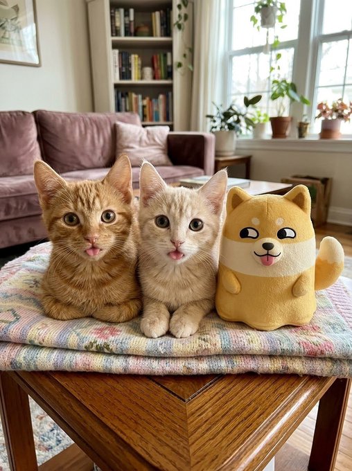 Two orange cats sit next to a Shiba Inu plush toy on a wooden table in a cozy living room with a couch, bookshelf, and plants visible in the background.