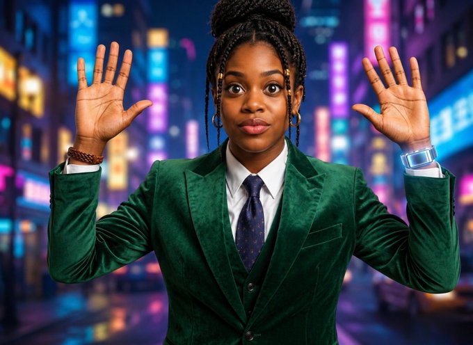 A woman with braided hair in a bun wears a green velvet blazer with a white shirt and dark tie, holding both hands up palms forward against a colorful neon city background.
