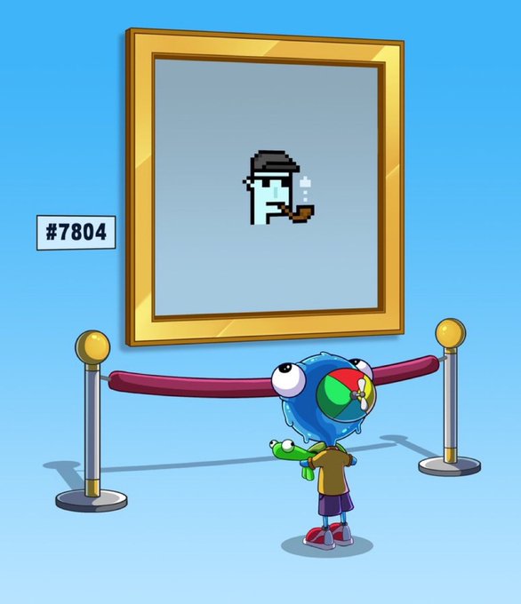 A cartoon illustration of a child in a frog helmet viewing a pixel-art framed piece labeled '#7804' at an art gallery.