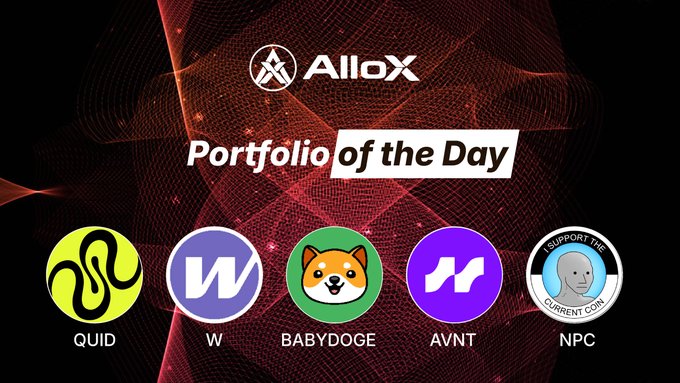An 'AlloX Portfolio of the Day' graphic featuring logos for QUID, W, BABYDOGE, AVNT, and NPC tokens against a red abstract background.