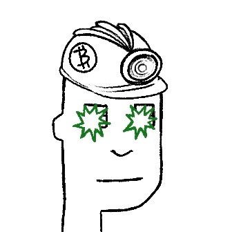 A simple black-and-white line drawing shows a person with green dollar-sign shaped eyes wearing a headlamp or headgear with a circular device on top.