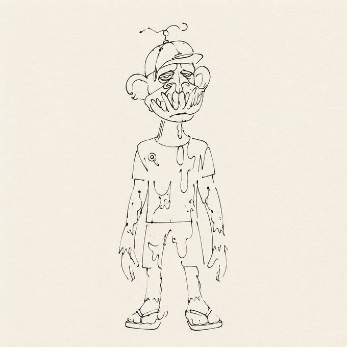 A black and white line drawing of a cartoonish zombie-like character with an antenna on its cap, melting or decaying skin, and tattered clothes and shoes.