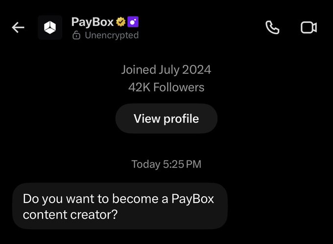 Screenshot of a Signal message from PayBox with a verified badge, showing 42K followers and a message asking 'Do you want to become a PayBox content creator?'