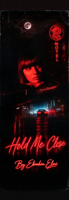 A book cover titled 'Hold Me Close By Ebrahim Elmi' shows a young person with bangs in red tones, a motel sign, the moon, and a wet street with a car.
