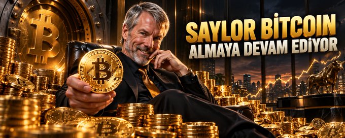 Michael Saylor, executive chairman of Strategy (formerly MicroStrategy), sits amid piles of gold Bitcoin coins, with the Turkish text "SAYLOR BİTCOİN ALMAYA DEVAM EDİYOR" (Saylor Keeps Buying Bitcoin) prominently displayed, reinforcing the post's announcement that Strategy added 950 BTC to reach a total holding of 846,000 BTC while also executing a $174 million STRC buyback.
