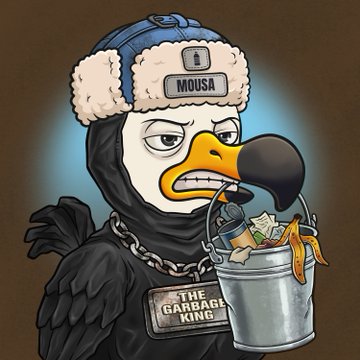 An illustration depicts a vulture-like character wearing a blue ushanka hat labeled 'MOUSA' and a chain with a tag reading 'THE GARBAGE KING', holding a bucket of trash.