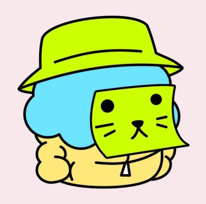 A cartoon character with a blue cloud head, green bucket hat, yellow hoodie, and a green cat-faced mask covering its face.